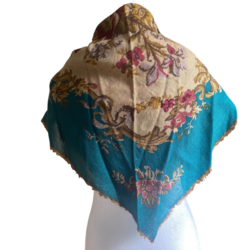 Vintage Glentex Teal Floral Tapestry Square Scarf Fringed Edge Victorian Style - Picture 3 of 13